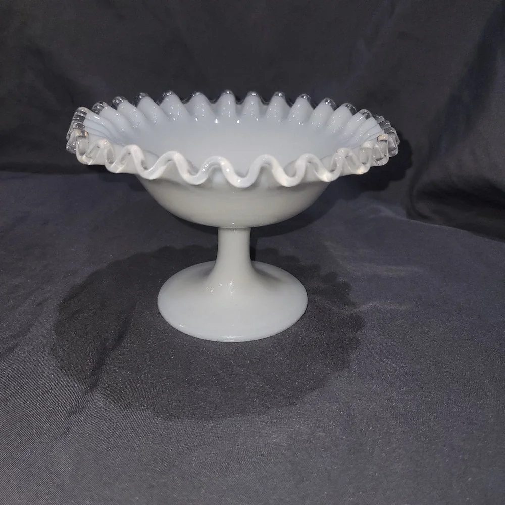 Vintage Fenton Silver Crest Ruffled Compote Milk Glass Pedestal Candy Dish